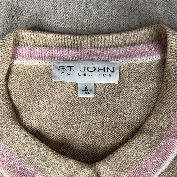 ST JOHN Santana Preppy Classic Knit Sweater Tan Pink Button Up 8 Medium - Picture 6 of 7
